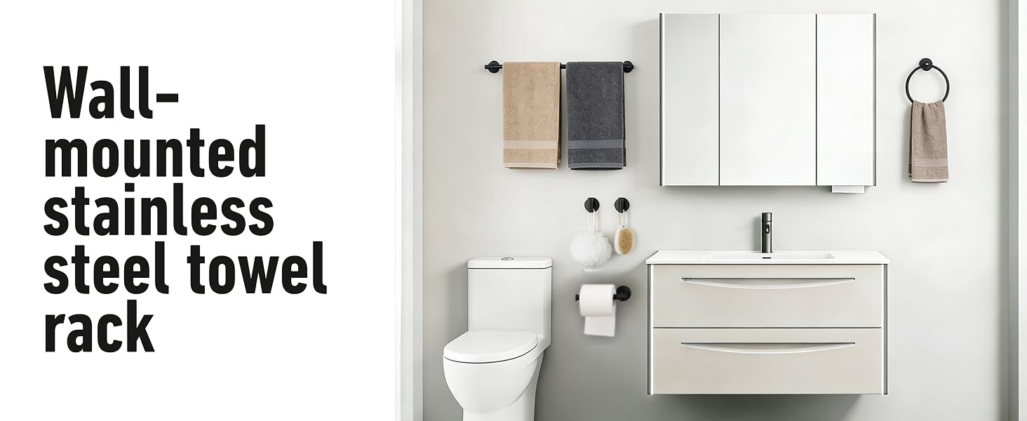 Wall-mounted towel rack, including towel rack, towel rings, hooks, and toilet paper holder