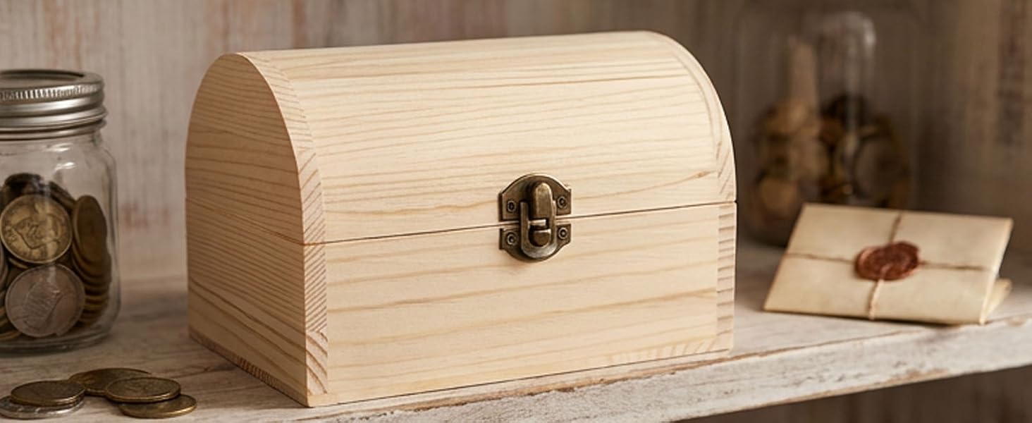 Wooden Treasure Chest Box with Hinged Lid &amp;amp; Vintage Clasp