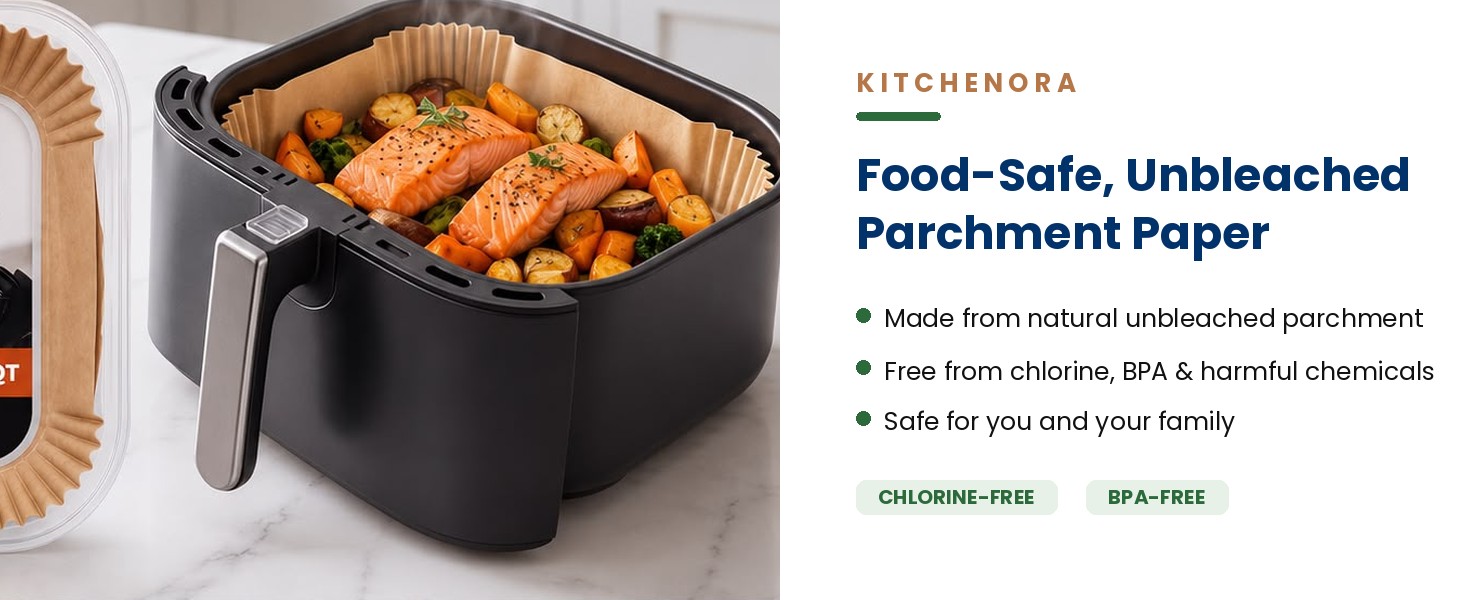 Salmon and vegetables on unbleached chlorine-free BPA-free parchment air fryer liner