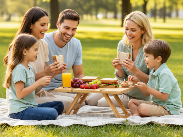 park picnic table, outdoor picnic for wine, grassy picnic setup, park wine gathering