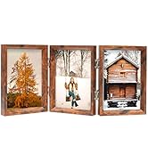 TOFOREVO 4x6 Triple Picture Frame Rustic Brown Wooden Hinged Beveled Photo Frame Definition Glass...