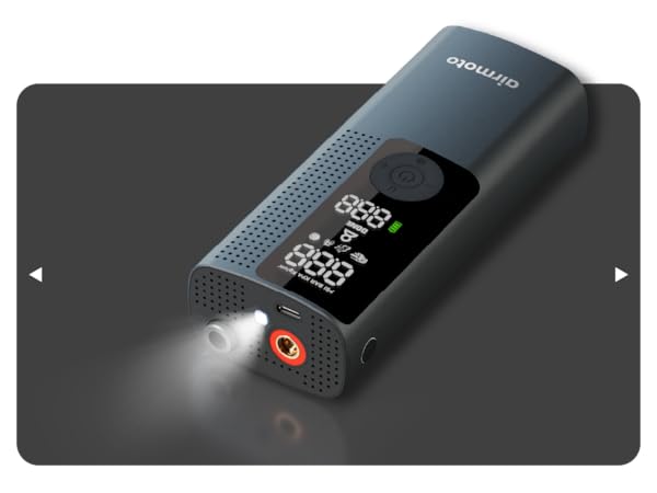 car tire air pump connected to sedan tire, showing compact, cordless design