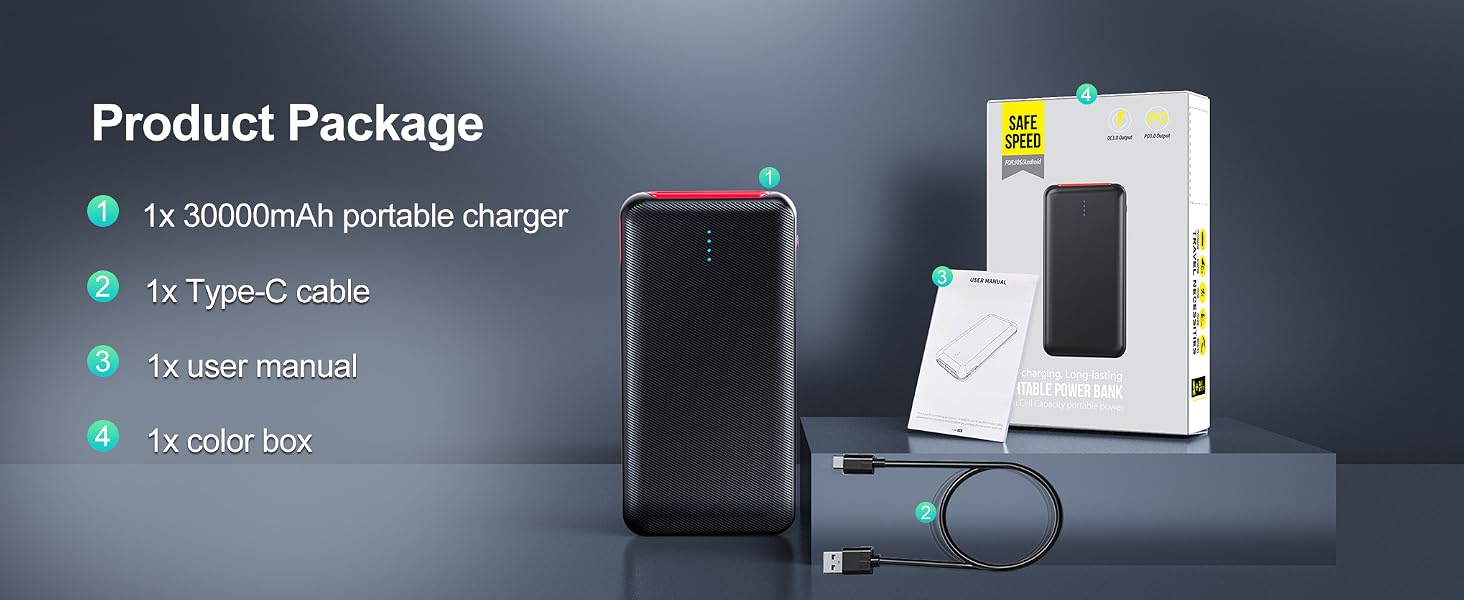 Package includes 30000mAh power bank, USB-C cable and user manual