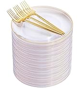 Rubtlamp 200Pcs Clear Gold Dessert Plates With Plastic Gold Forks, 7.5inch Small Plates For Appet...