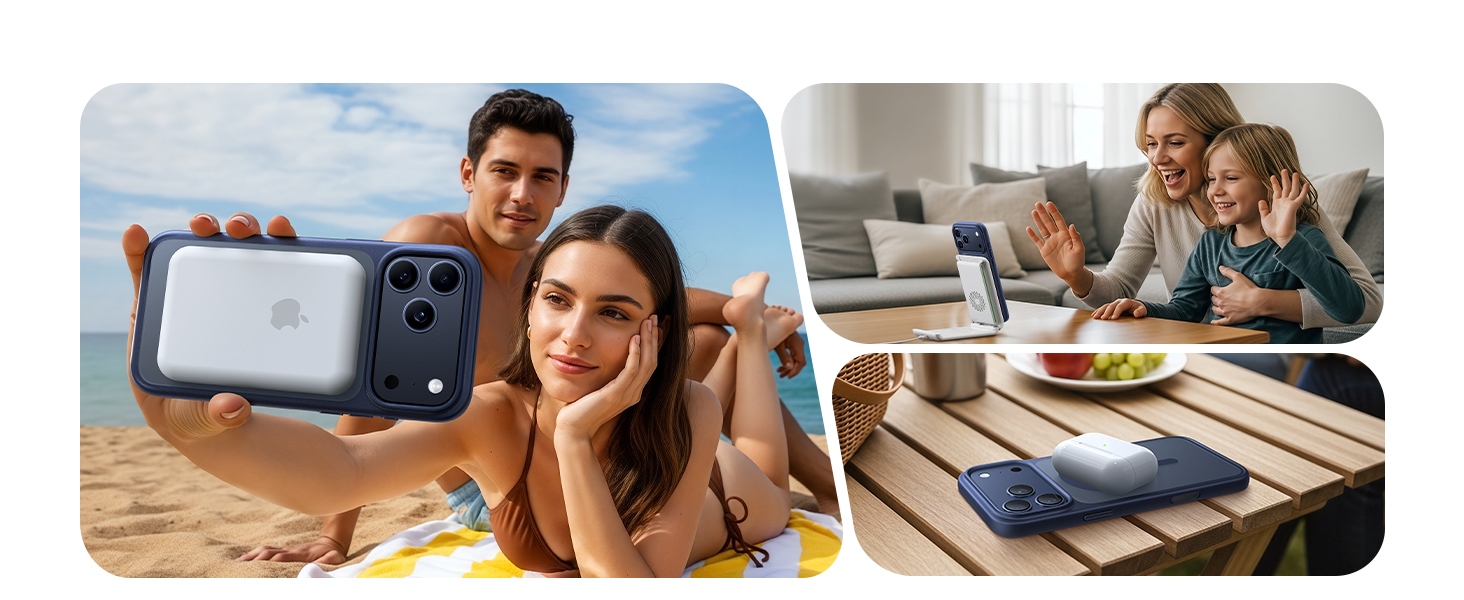 Multiple panels showing person using laptop in different settings - on couch, bed, and desk, demonstrating portable computing scenarios.