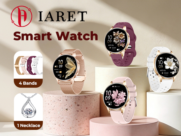 IARET smart watch women gift set, 4 bands, 1 crystal necklace, 40mm rose gold fitness tracker