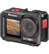 Amazear Action 5 action camera with rugged black body, red accents, large lens, and rear LCD screen displaying a desert road image.