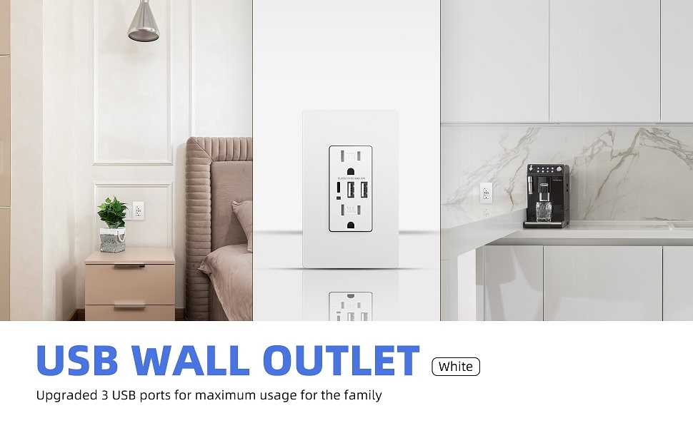 USB WALL OUTLET Upgraded 3 USB ports for maximum usage for the family