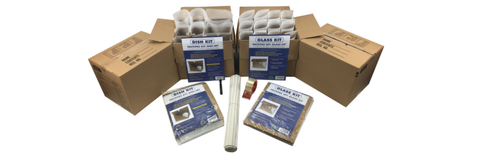 boxes, kitchen kit, paper, tape, dish dividers, foam 