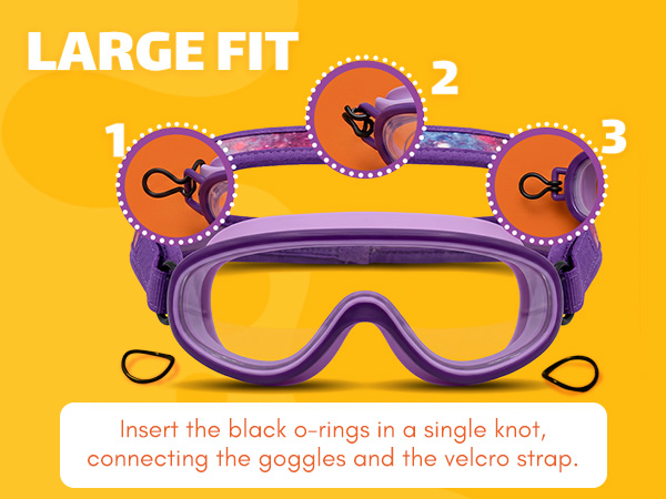 Daniel's Tiger swim goggle strap adjusted for a large fit for kids ages 8 to 10