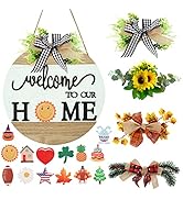Interchangeable Welcome Sign for Front Door with 4 Seasonal Wreaths and 14 Changeable Icons, Farm...