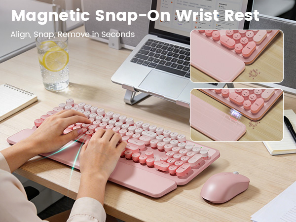 wireless keyboard with magnetic snap on wrist rest shown attaching and removing in seconds