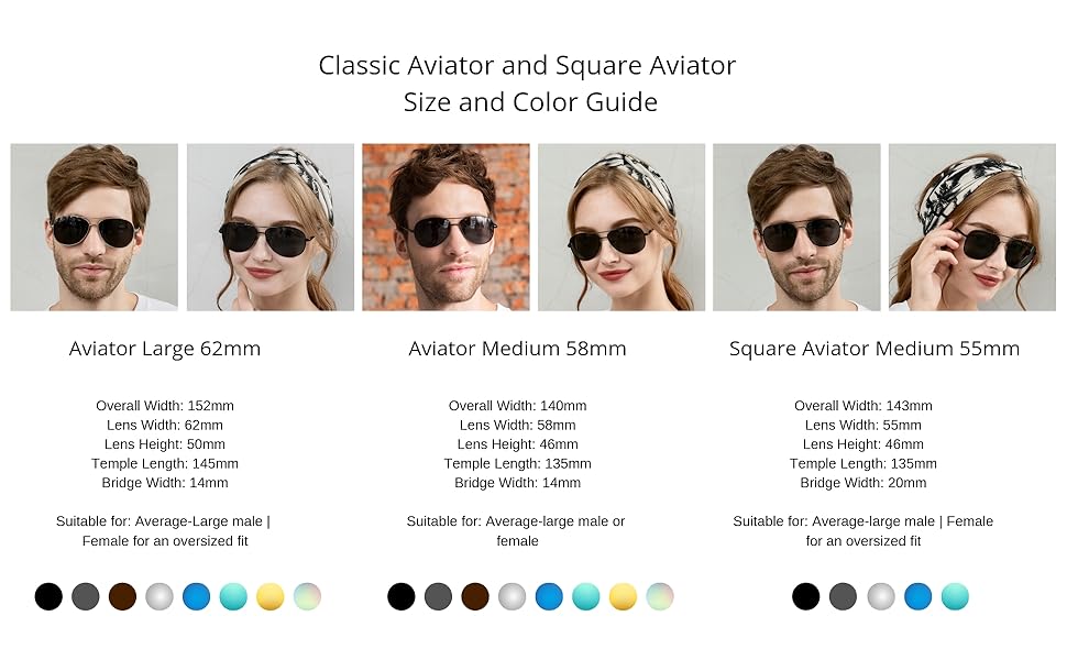 J+S Vision Classic Aviator Square sunglasses size guide large medium models real life