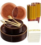 DaYammi 175PCS Clear Amber Plastic Dinnerware Set, Plastic Plates Disposable Hammered Disposable ...