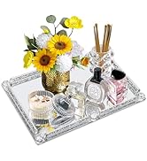 YCWF Large Mirror Perfume Tray for Dresser,Crushed Diamond Filled Glass Vanity Tray, Silver Decor...