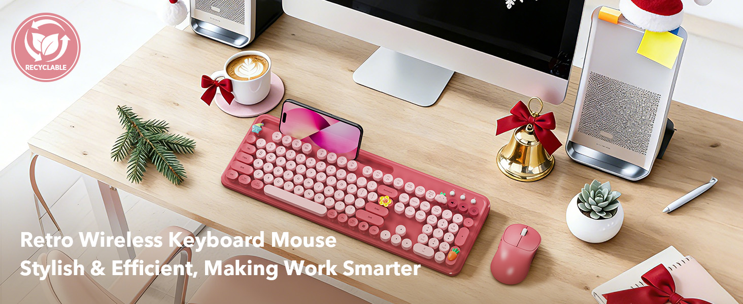 Cute Pink Retro Round Keycaps Wireless Keyboard and Mouse Christmas