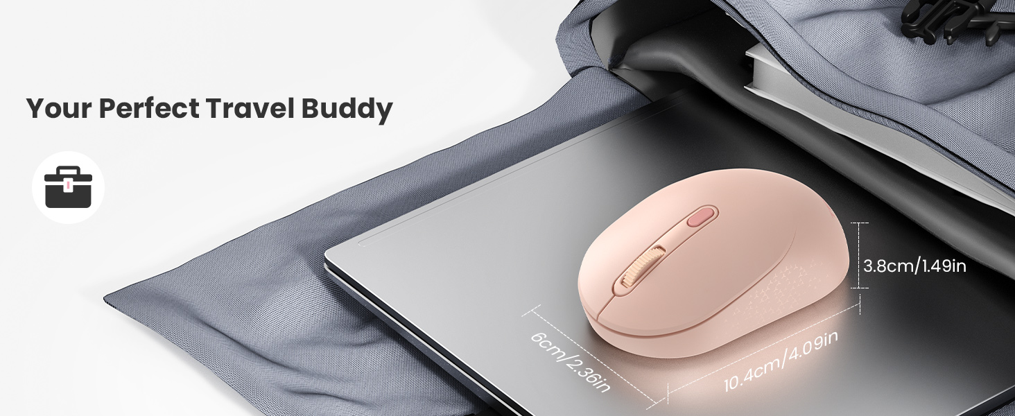 Text reads: 'Your Perfect Travel Buddy' Shows pink wireless mouse positioned on gray fabric surface.