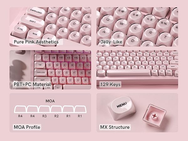pure pink aesthetics, jelly-like transparent top, PBT+PC material, 129-key set, MOA profile