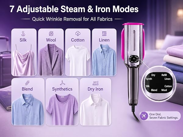 7 adjustable steam and iron modes, tailored care for travel and everyday fabrics