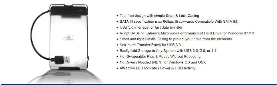 tool free design, USB 3.0, Type A, SATA III, 2.5", SSD, HDD, 6Gbps, snap lock casing, Bus-powered