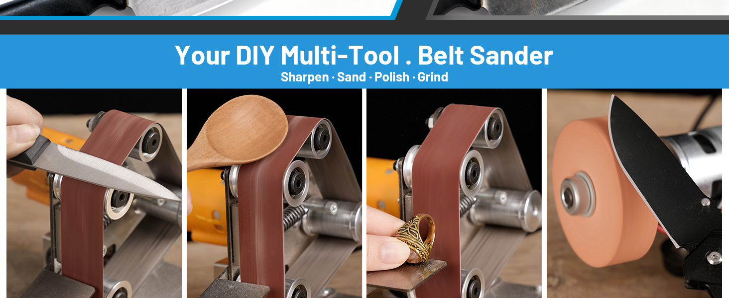 Text reads 'Your DIY Multi-Tool Belt Sander'. Series of images showing belt sander attachment or modification process with detailed parts.