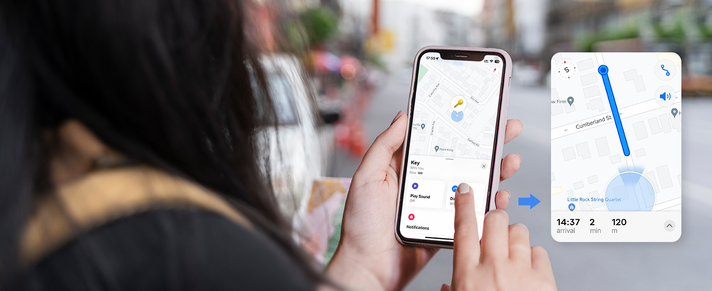 Hands holding smartphone displaying navigation app with route guidance. Second phone screen shows detailed map view with distance and time information.