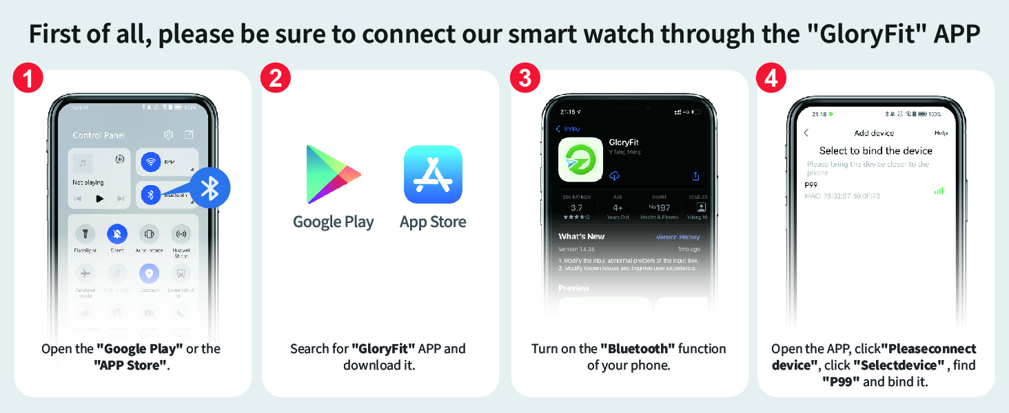 Four-panel instruction guide for connecting a smartwatch. Shows smartphone screens with app store icons, Bluetooth settings, and app interface, guiding users through the connection process.