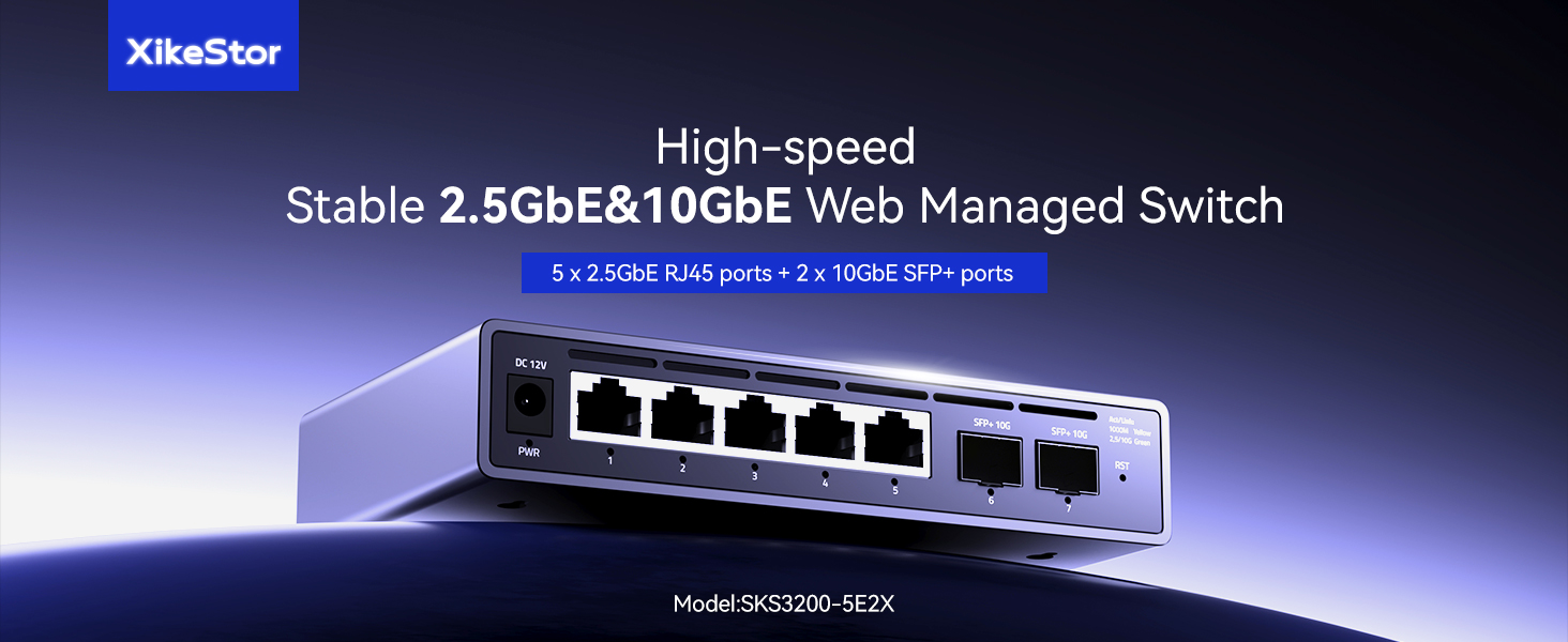 Text reads 'XS-S1005 Static 2.5GbE/2*10GbE Web Managed Switch High-speed'. Professional networking switch device with multiple ethernet ports shown against dark background.