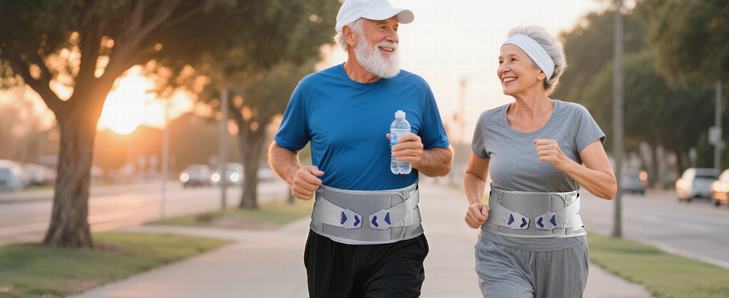 Two older adults jogging on a sidewalk at sunset. They wear running attire with distinctive moon phase waist belts and carry water bottles.