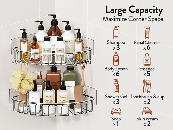 Orimade Corner Shower Caddy Stainless Steel with Hooks Wall Mounted Bathroom Shelf Storage Organizer