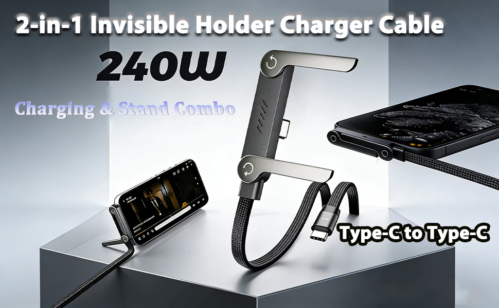 240W Braided Fast Charge Cable with Built-in Phone Stand