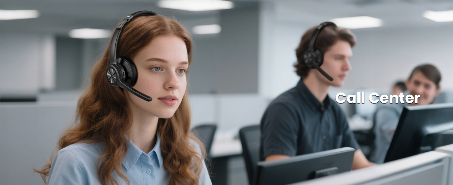 Corporate office setting with customer service representatives wearing headsets in modern workspace environment.