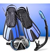 Mask Fin Snorkel Set with Adult Snorkeling Gear, 180°Anti-Fog Diving Mask Anti-Leak Dry Top Snork...