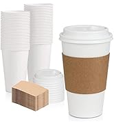 [50 Pack] White Coffee Cups with White Dome Lids and Brown Sleeves - 16oz Disposable Paper Coffee...