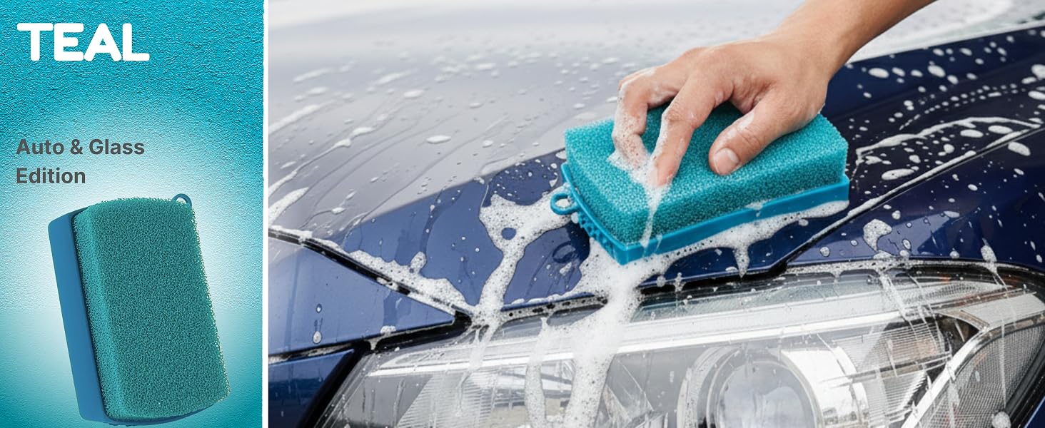 Teal sponge cleaning car glass and headlights