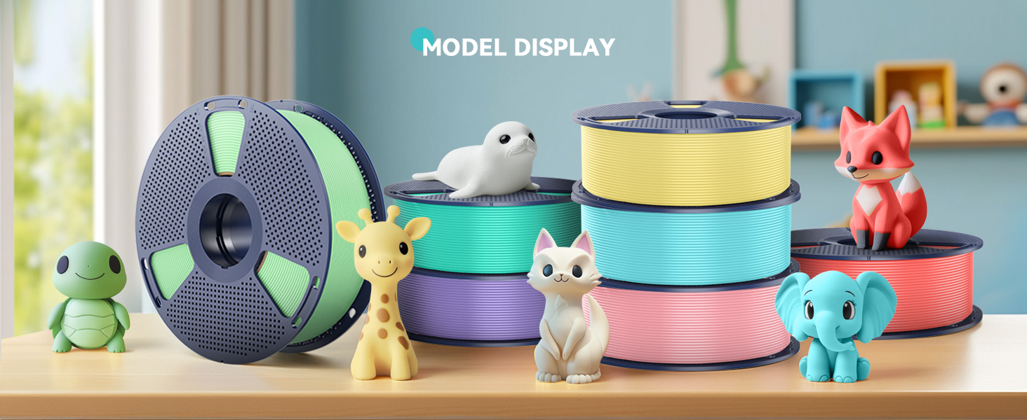 Colorful 3D printer filament spools in various pastel shades, displayed with cute animal figurines. Large spool in foreground with textured surface pattern.