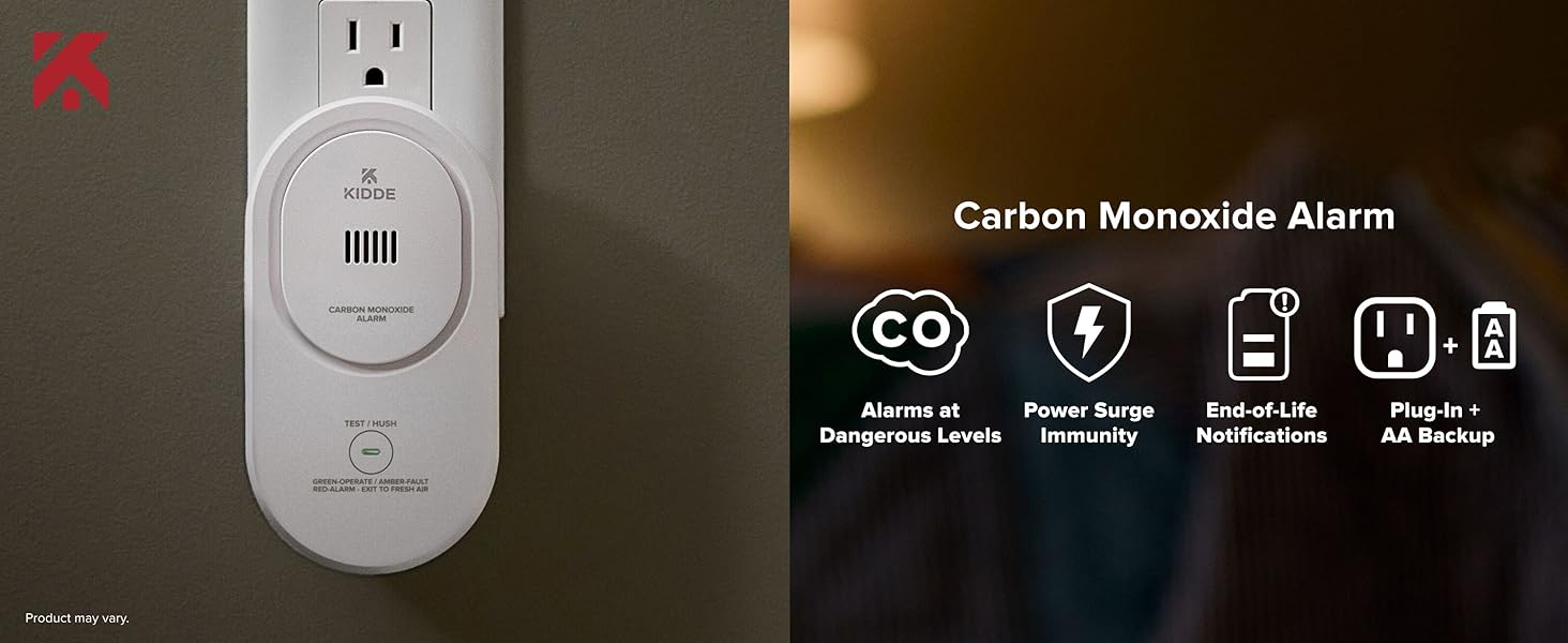 Kidde carbon monoxide detector plugged into wall with product features icons overlay-desktop