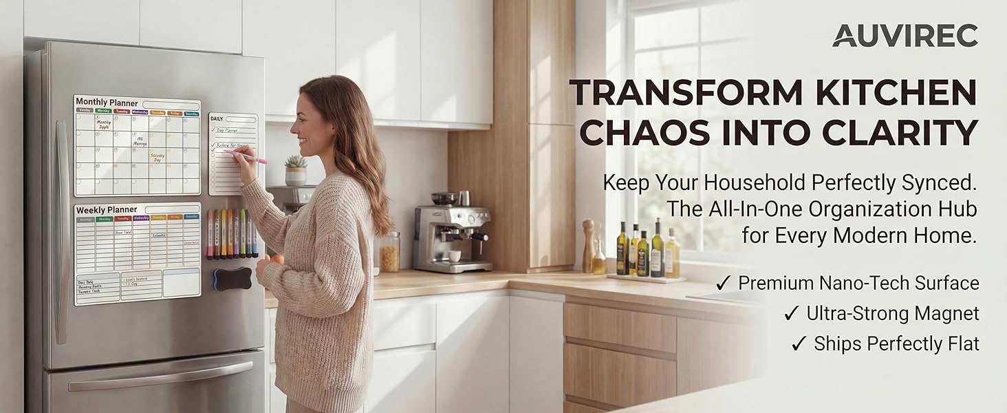 AUVIREC white magnetic dry erase calendar 3 piece set for fridge organization