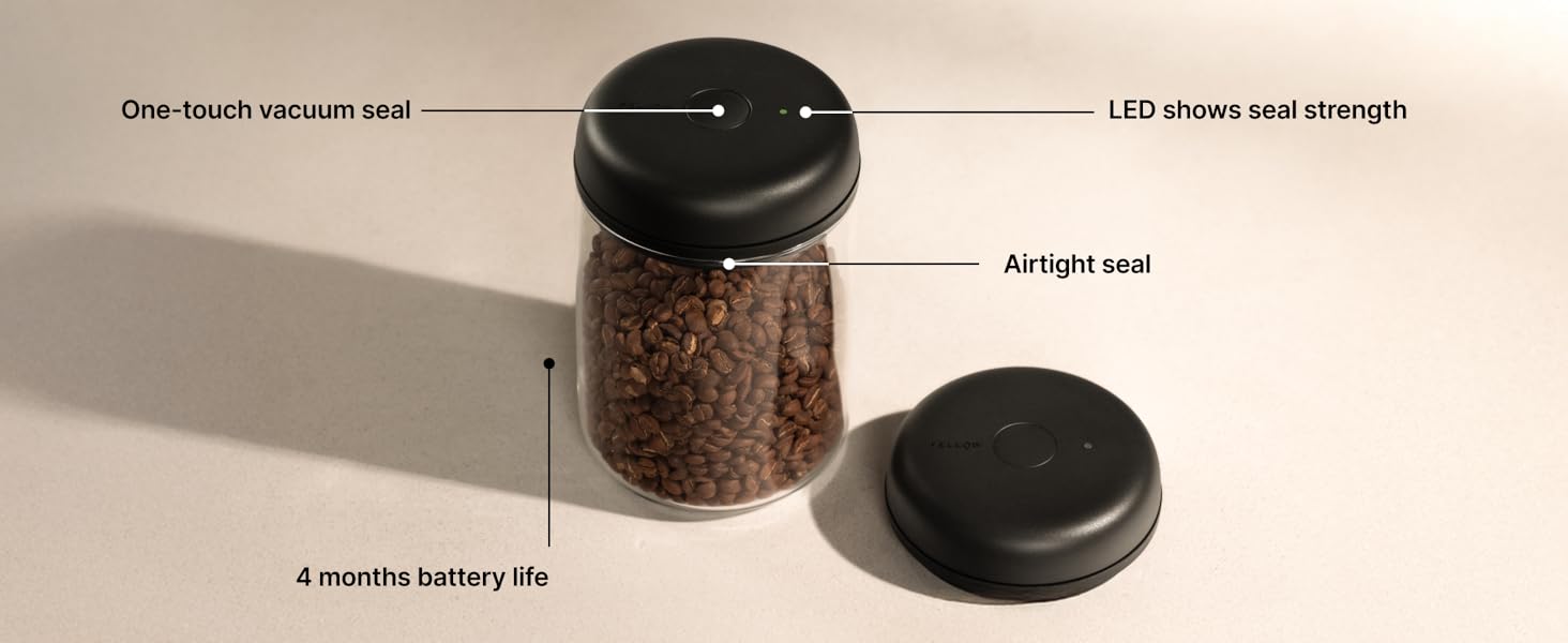 one touch vacuum seal, LED shows seal strength, 4 month battery life, airtight seal