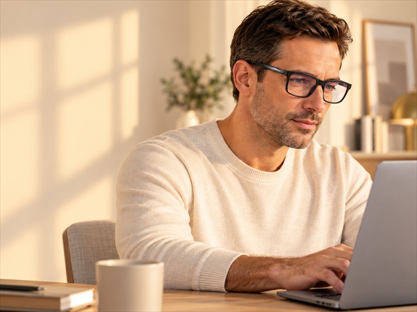 Man wearing black rectangular ZENOX glasses using a laptop in a sunlit home office.