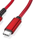 Red braided charging cable with metallic connectors, shown from multiple angles suggesting flexibility and durability.