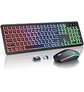 Wireless Keyboard and Mouse Combo, RGB Backlit, Rechargeable &amp; Light Up Letters, Full-Size, Soft ...