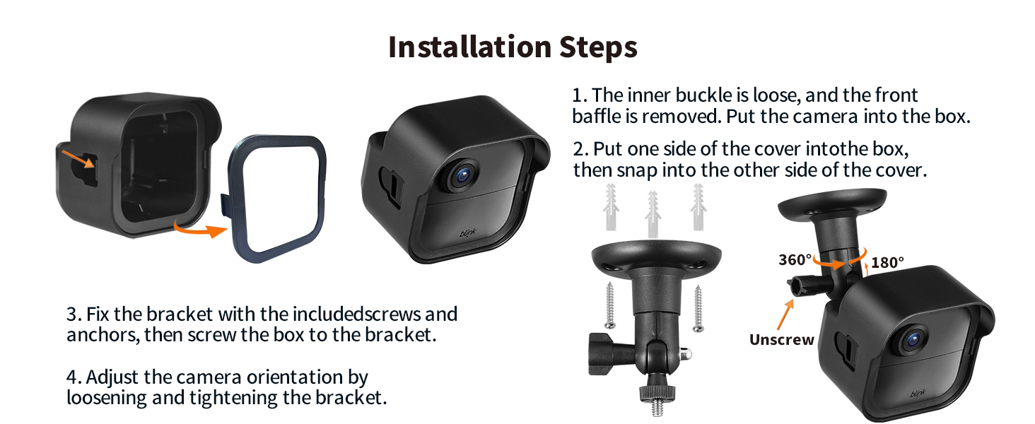 Text reads 'Installation Steps'. Technical diagram showing assembly instructions for a mounting bracket with black components and screws.