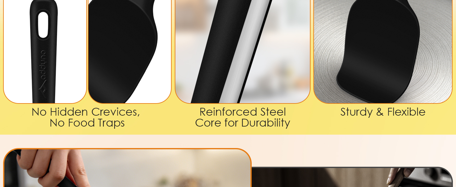 Silicone kitchen utensils with seamless design, reinforced steel core, and sturdy yet flexible heads