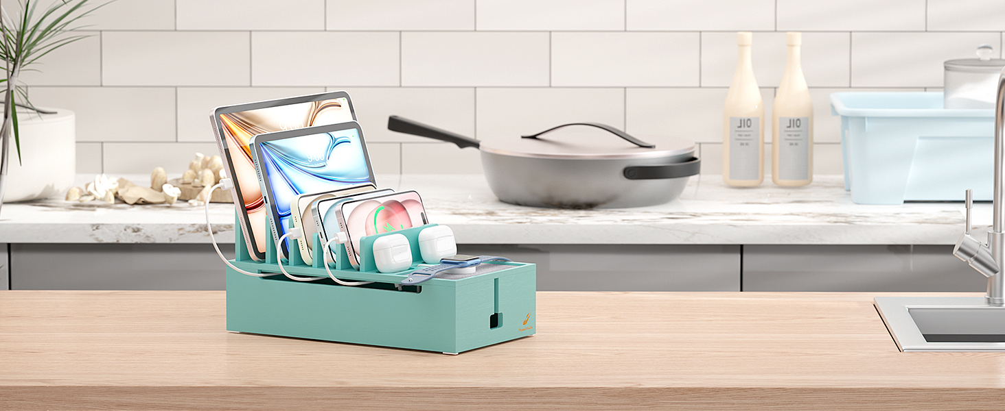 Pezin & Hulin Bamboo Charging Station Organizer for Multiple Devices Desktop Docking Charging Stand