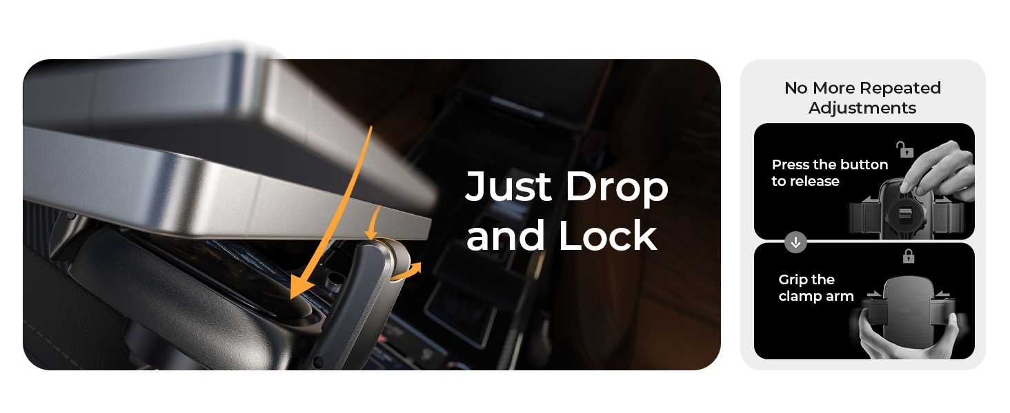 Text reads 'Just Drop and Lock'. Multiple images showing kitchen scenes with ovens and cooking, demonstrating product installation or usage in a kitchen setting.