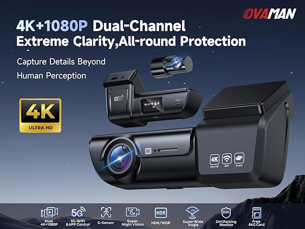 4K+1080p Dual-Channel Dash Cam Front and Rear