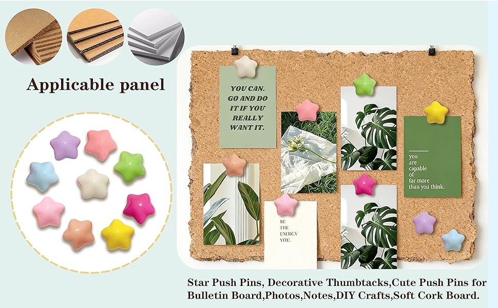 The star pin firmly nails the postcard onto the bulletin board