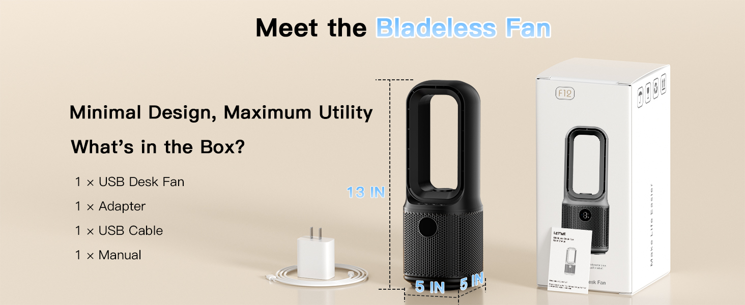 Unboxing: 13x5x5 inch bladeless fan, adapter, USB cable, manual – simple design everything you need.
