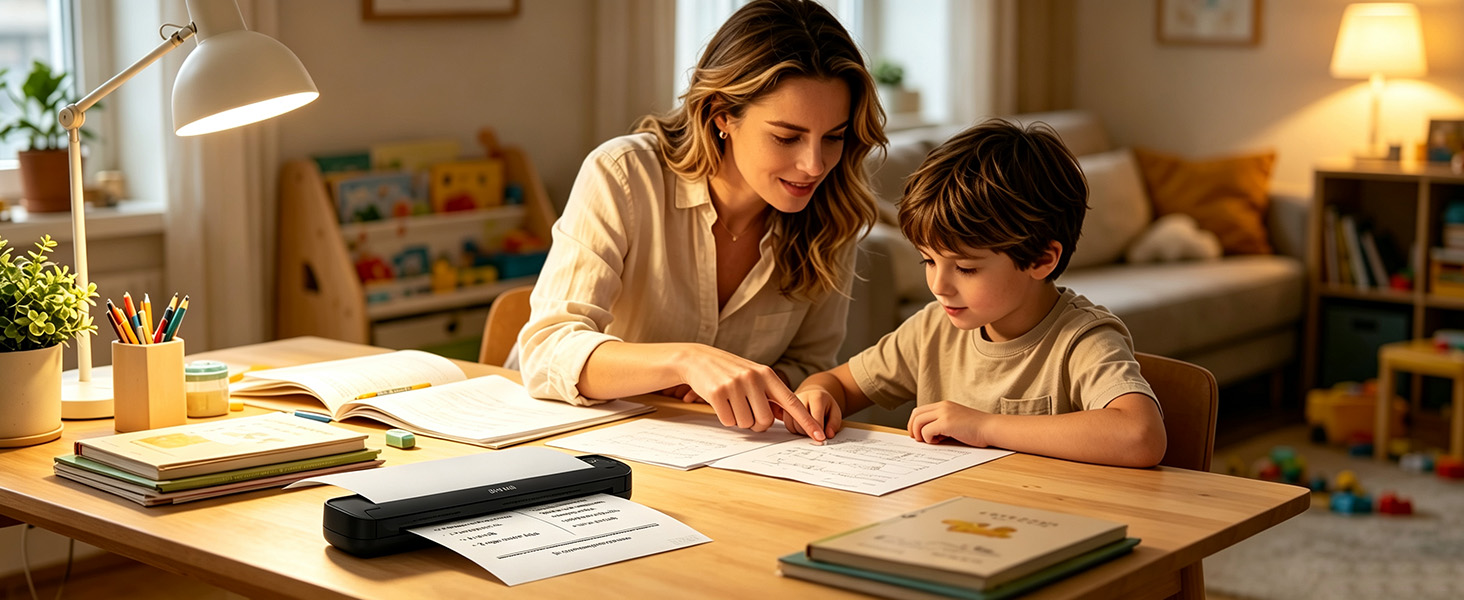 Mother and child use the ST80A portable printer to print worksheets and study materials at home
